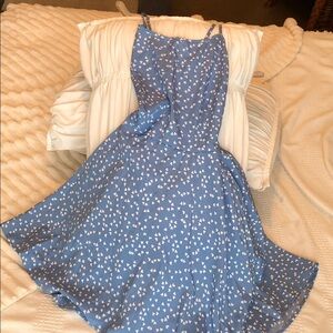 🤍💙SHEIN Light Blue Spaghetti Strap Backless Summer Dress with White Heart Print